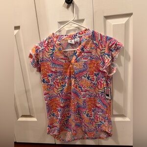 Caribbean Joe Multicolor Leaf Pattern Blouse
